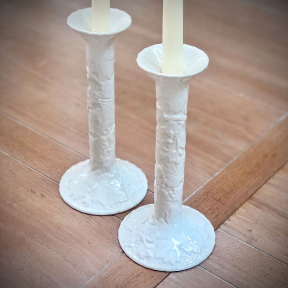 Pair of White Embossed Ceramic Candle Sticks - Picture 1 of 5